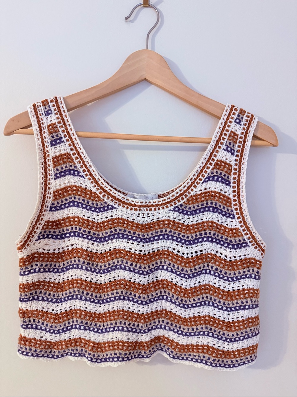 REBELLION • Women’s Crochet Stripe Tank Top in White, Brown & Purple